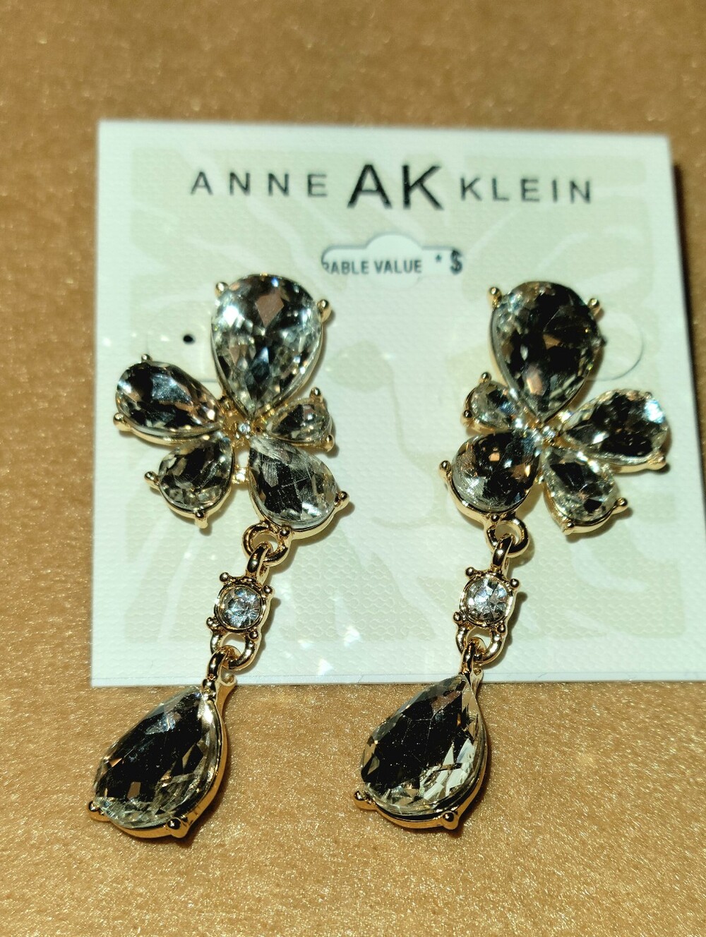Anne Klein Gold-Tone Clear Crystal Floral Drop Earrings